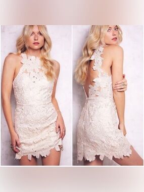Free People + Saylor Jessa Foil Lace Halter Dress White Bridal Wedding Sz XS